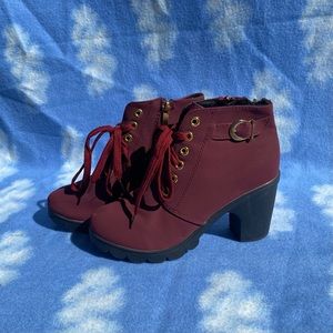 Burgundy Lace Up Heeled Booties with Buckle